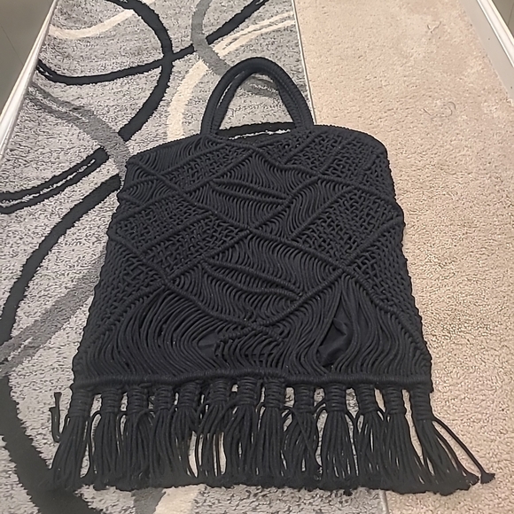 Anju Woven Cotton Large Fringe Black Bag - Picture 5 of 13